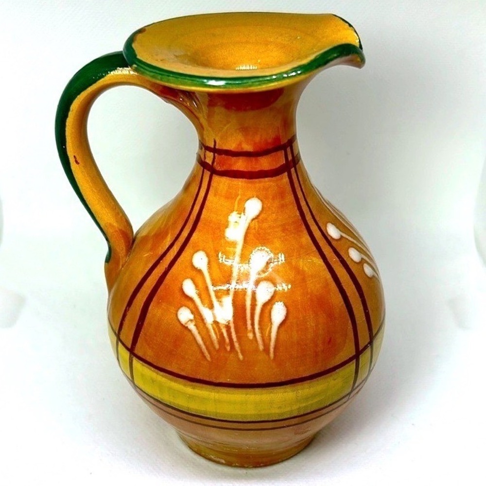 Hand Painted Ceramicâ Pitcher Vase Rustic Farmhouse Decor Small Jug Tan 5.5"
